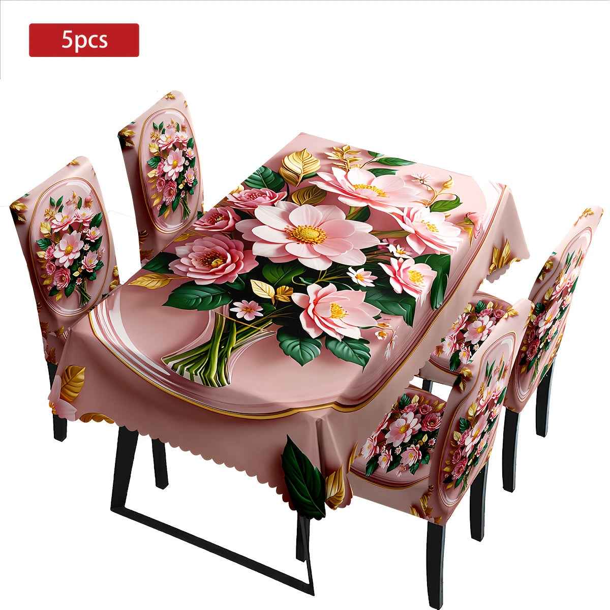Open, 4/6/5/7pcs retro palace style pink flower pattern chair cover and tablecloth set, 4pcs (4 chair covers), 6pcs (6 chair covers), 5pcs (1 tablecloth + 4 chair covers), 7pcs (1 tablecloth + 6 chair covers), suitable for in