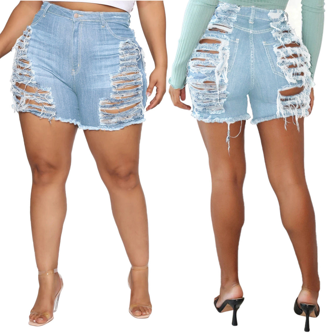 Short en jean stretch délavé troué, coupe slim et polyvalent
