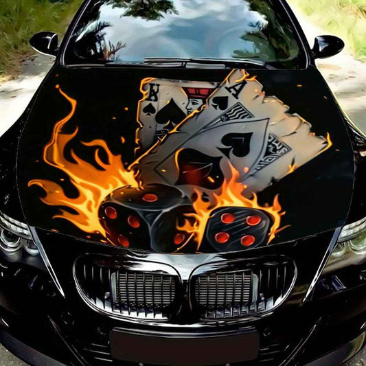 Flame Card Vinyl Stickers Car Engine Cover Wrap Colorful Vinyl Stickers Truck Pattern Engine Cover Car Accessories Decoration Dice Stickers Gift, Car Decal Stickers, Cool Car Accessories, Koi Car Side Stickers, Car Hood Stick