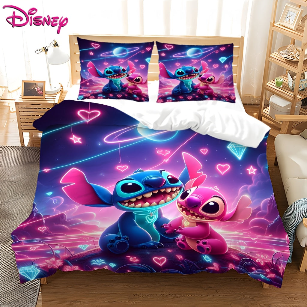 Stitch 3pcs Bedding Set, Cartoon Character Design, Soft Polyester 100, All-Season, Zipper Closure, Machine Washable, Digital Print, 90gsm - Includes Duvet Cover & 2 Pillowcases, Anime Theme Bedroom Decor, Valentine'S Day Gift - Topdecheztop.fr