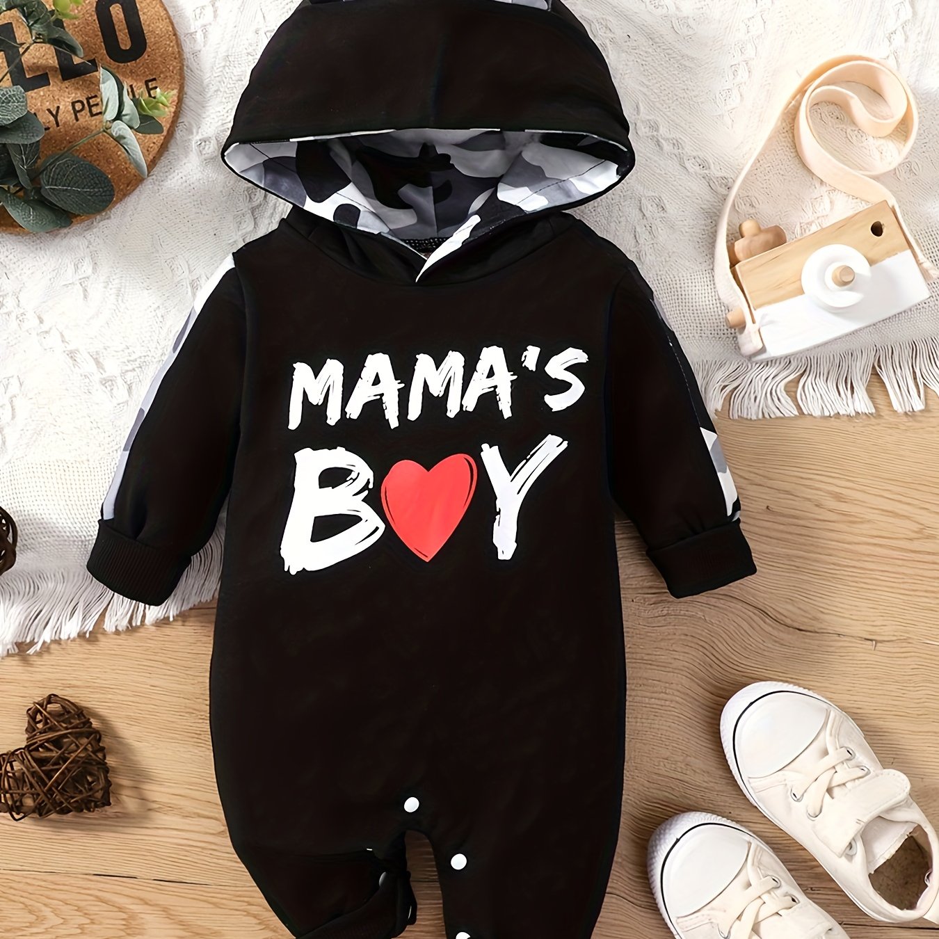 Infant's "Mama's Boy" Print Hooded Bodysuit, Comfy Long Sleeve Onesie, Baby Boy's Clothing - Topdecheztop.fr