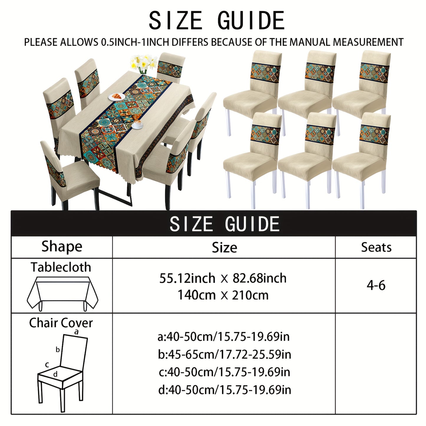 7 pièces Superbe ensemble de nappe rectangulaire + housse de chaise