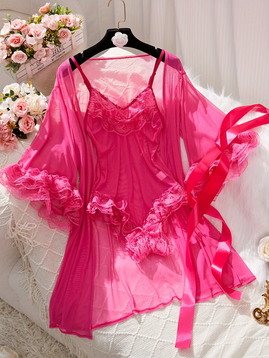 Ensemble de lingerie en dentelle contrastée unie, body et peignoir à col en V - Topdecheztop.fr