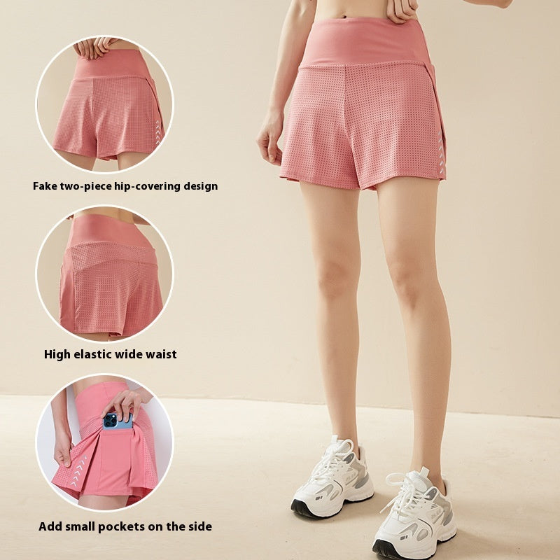 Shorts  de sport lumineuse imprimée avec poches, taille haute, en maille respirante