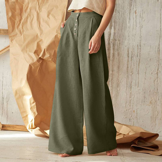 Pantalons pour femme, taille haute, décontractés, boutons, jambes larges, en coton - Topdecheztop.fr