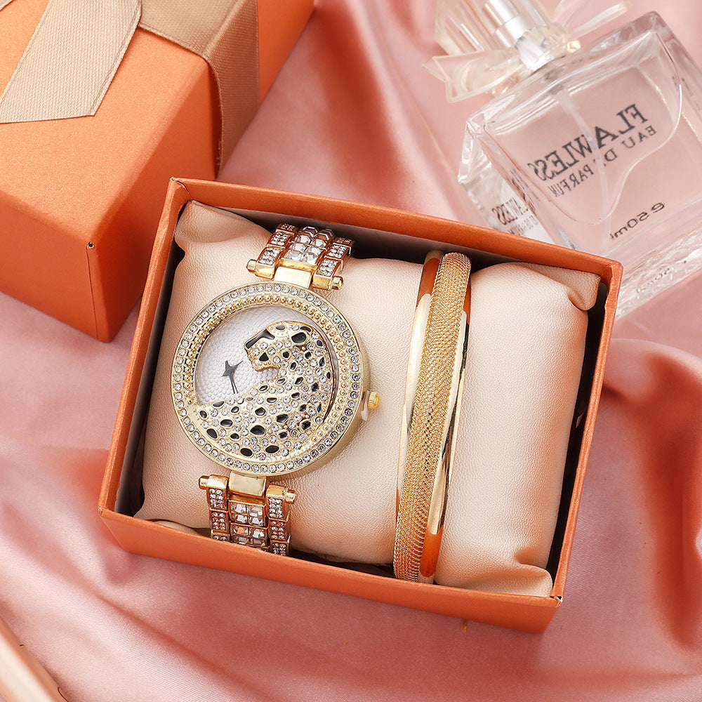 Montre Quartz Strass Motif Léopard Pleine de Diamants