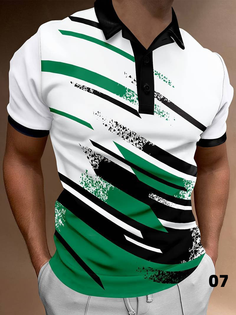 Pull à revers imprimé numérique 3D, manches courtes, style décontracté