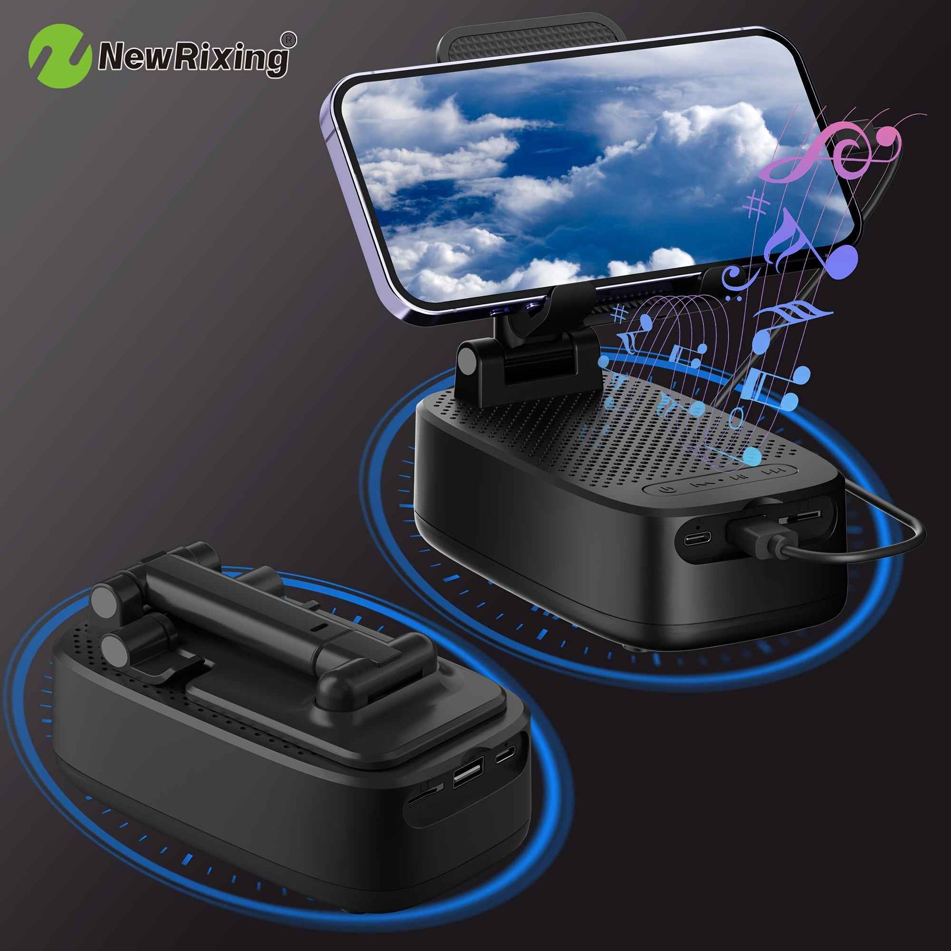 NewRixing 6W Wireless Speaker with Phone Holder, TWS Dual Pairing, 1800mAh Battery, Hands-Free Call Function, Power Bank, 6-Hour Playtime, Hi-Fi Sound Quality, Loud Stereo & Deep Bass, USB-C Charging, Indoor/Outdoor Use | Adj
