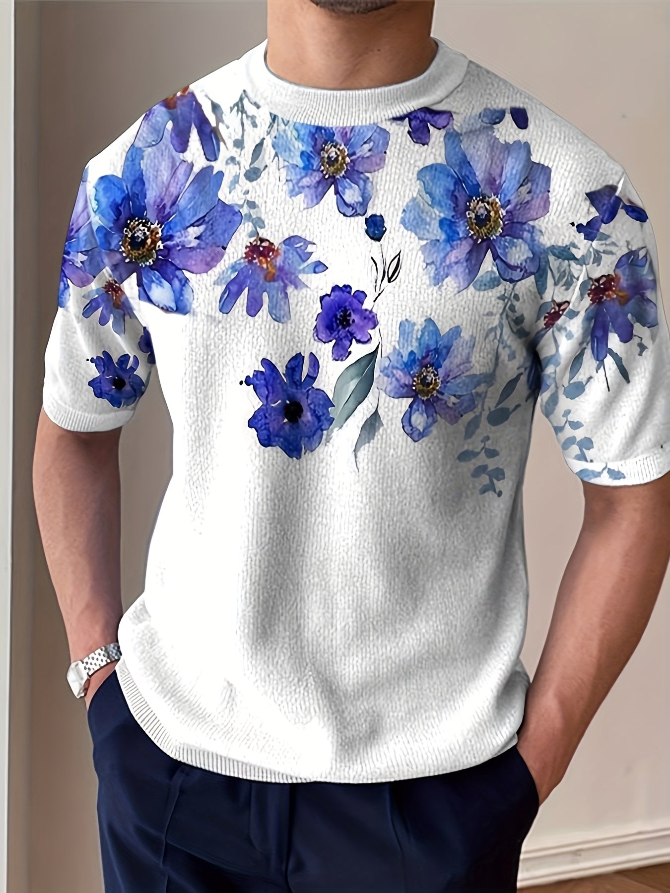 Pull en tricot à imprimé floral pour homme