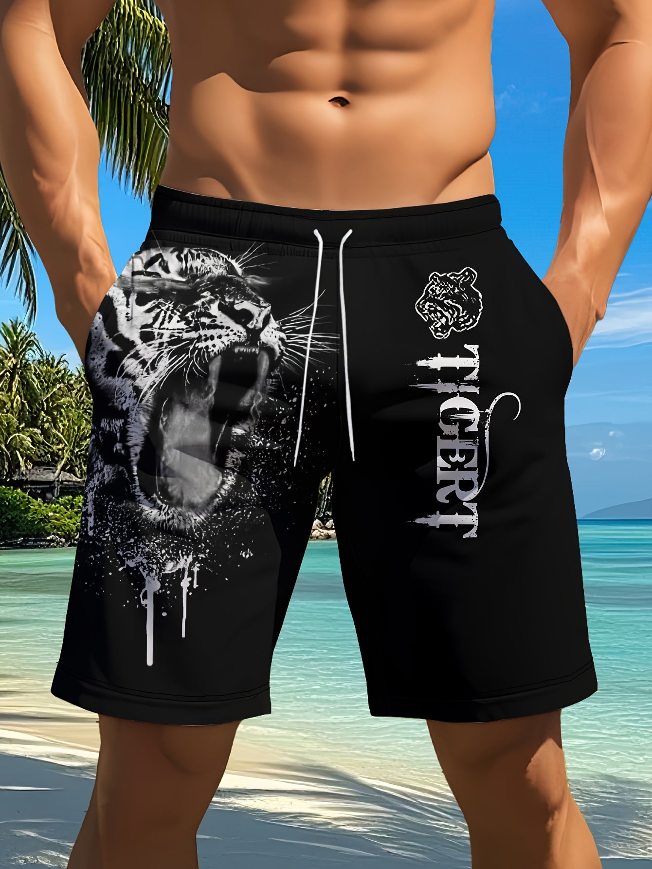 Short de plage d'été pour homme, imprimé animal, motif tigre féroce