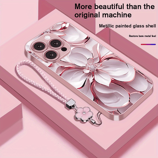 Coque de téléphone en verre plaqué avec motif floral et lanière,IPHONE