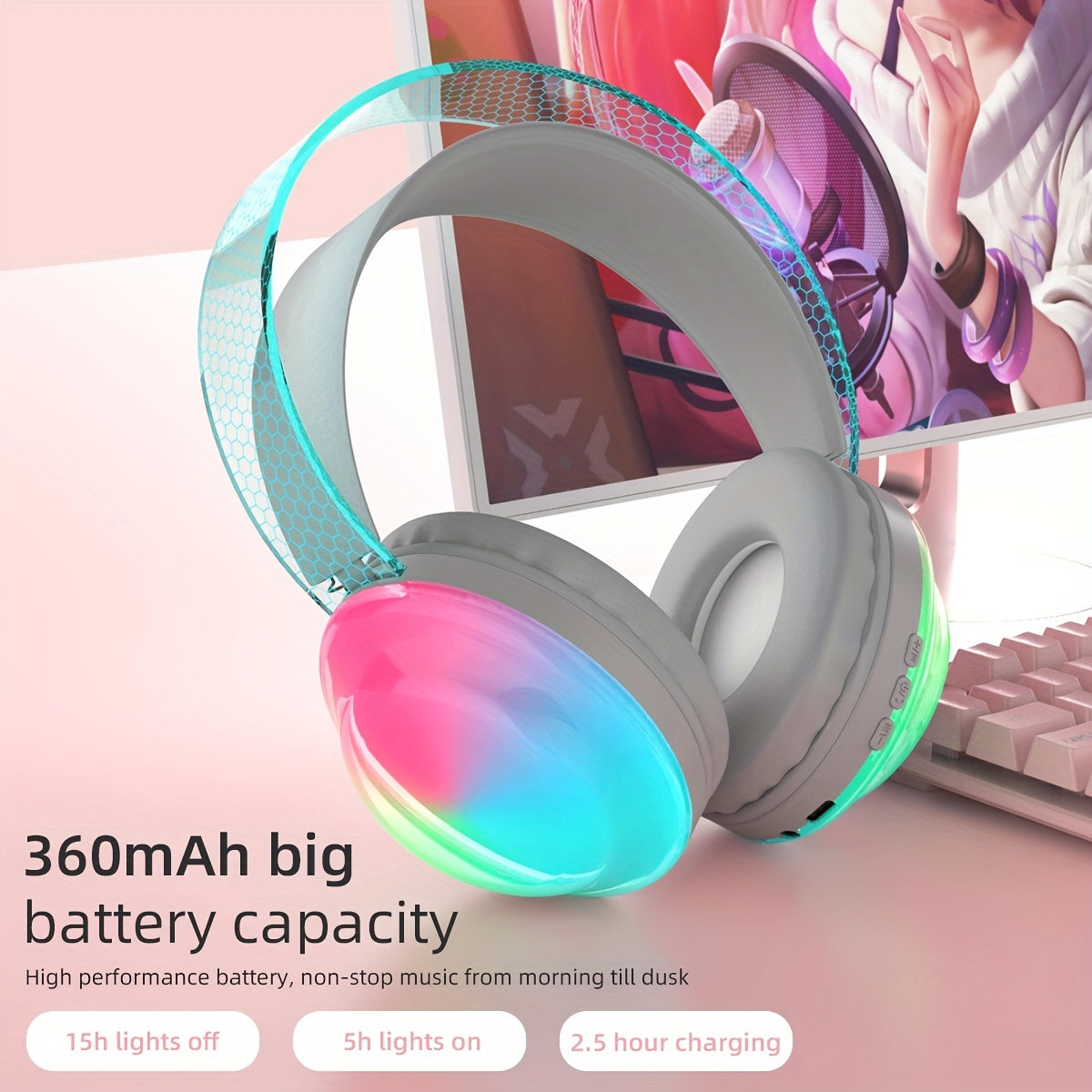 Casque sans fil léger 5.3 + EDR, casque circum-aural sans fil avec micro et lumières