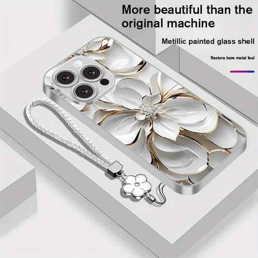 Coque de téléphone en verre plaqué avec motif floral et lanière,IPHONE