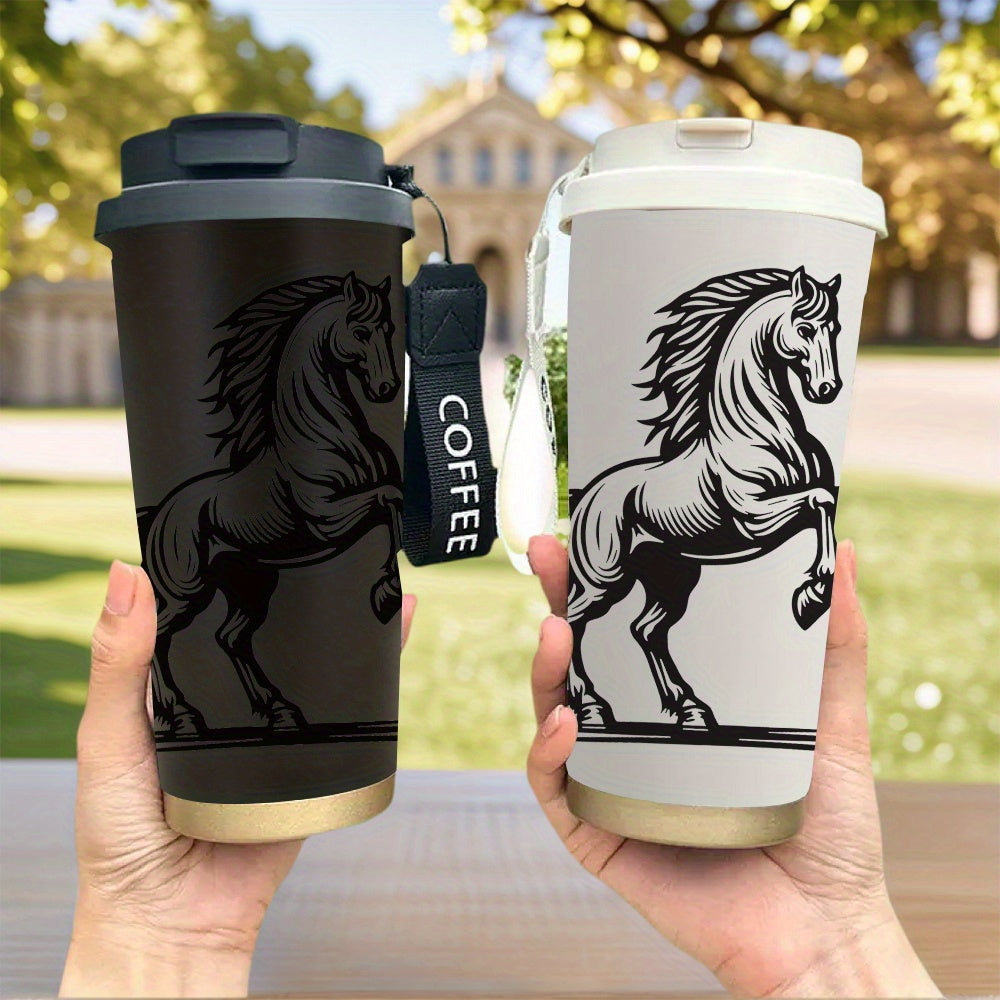 Mug élégant à motif cheval au galop (1 pièce) - Tasse à café isotherme à double paroi en acier inoxydable 316 de 500 ml avec couvercle étanche