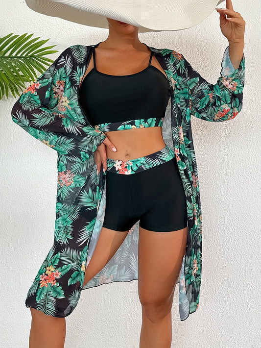 Maillot de bain 3 pièces taille haute pour femme, imprimé tropical