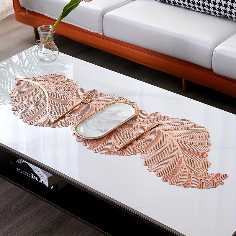 Leaf-Shaped PVC Hollow-Out Golden Stamping Non-Slip Table Runner - Decorative Plastic Table Runner 1pc for Dining and Coffee Table - Topdecheztop.fr
