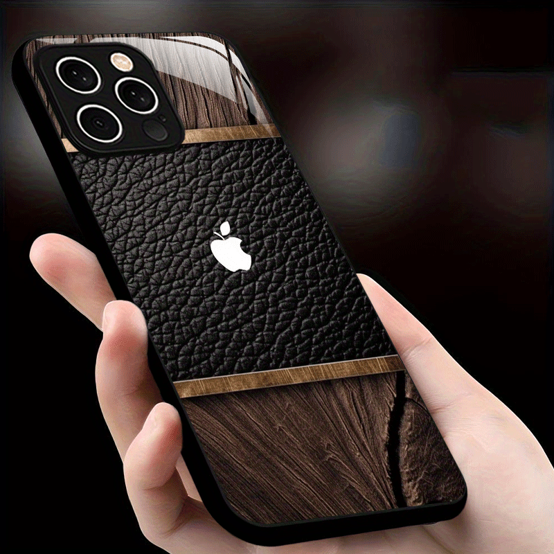 Étui en bois, cuir et verre blanc avec logo Apple pour iPhone