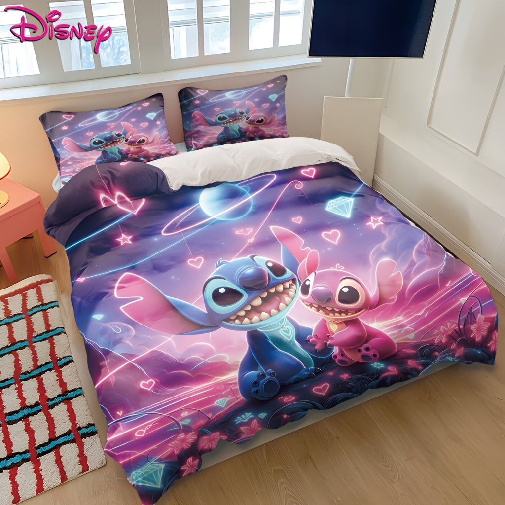 Stitch 3pcs Bedding Set, Cartoon Character Design, Soft Polyester 100, All-Season, Zipper Closure, Machine Washable, Digital Print, 90gsm - Includes Duvet Cover & 2 Pillowcases, Anime Theme Bedroom Decor, Valentine'S Day Gift - Topdecheztop.fr