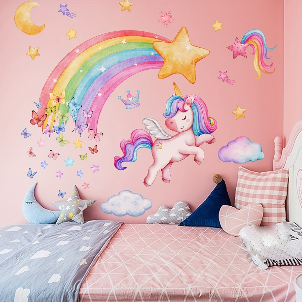 1pc Whimsical Rainbow Unicorn & Butterfly Wall Decals - Vibrant, Self-Adhesive Bedroom Stickers, Easy to Apply, No Power Needed, Perfect for Girls' Room Decor - Topdecheztop.fr