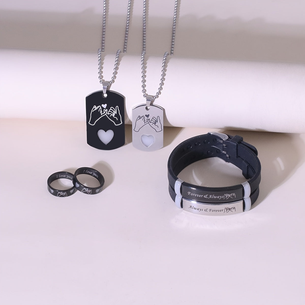 Ensemble de 6 PCS lumineux en forme de cœur, colliers, bracelets et bagues en acier inoxydable pour couples