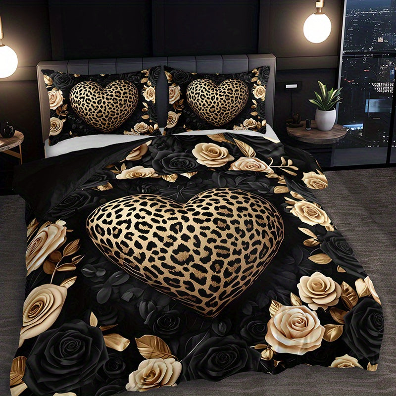 Parure de lit 3 pièces à imprimé léopard et roses (1 housse de couette + 2 taies d'oreiller, sans garniture), style rétro romantique luxueux, impression haute définition