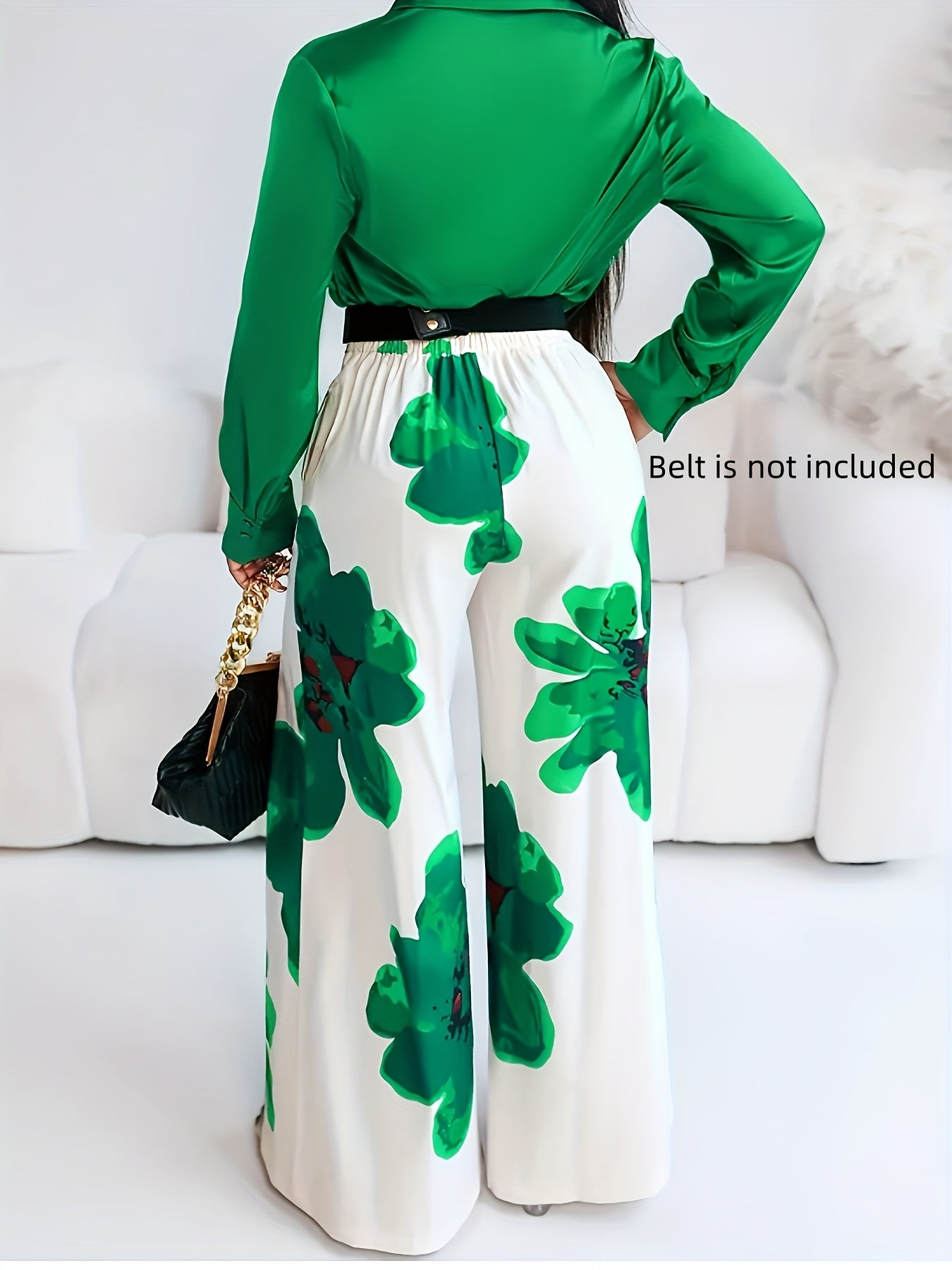 Ensemble deux pièces : chemise à manches longues et pantalon large à imprimé floral décontracté, ceinture non incluse