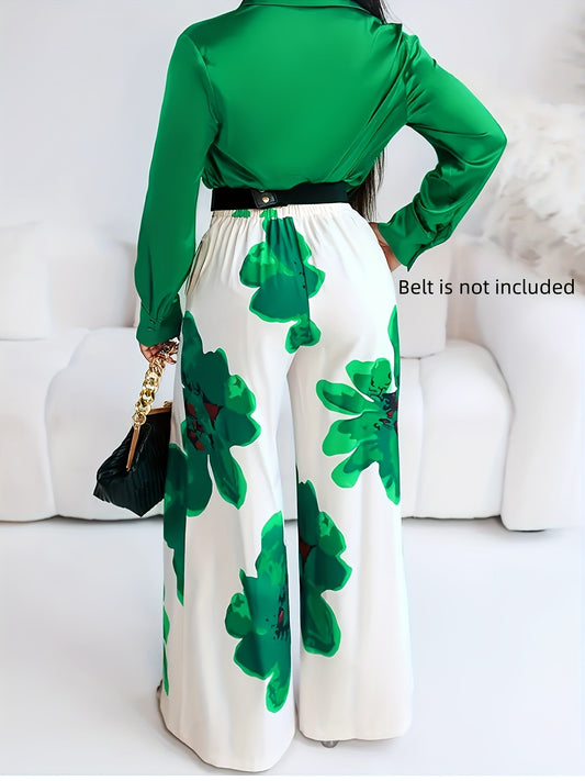 Ensemble deux pièces : chemise à manches longues et pantalon large à imprimé floral décontracté, ceinture non incluse