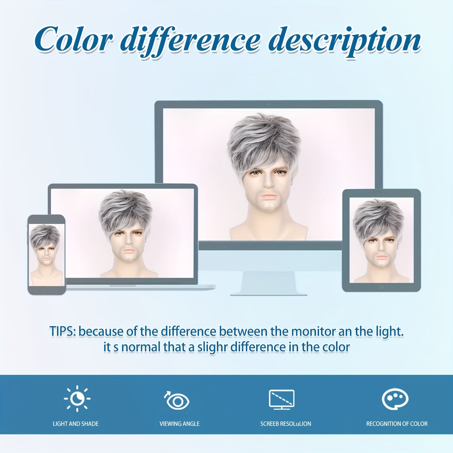 Perruque courte gris argenté pour homme, en fibres synthétiques