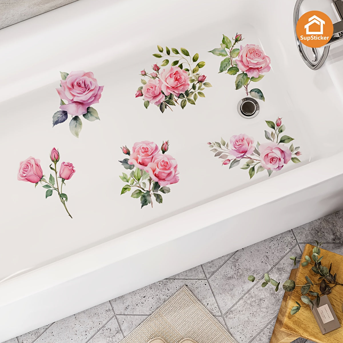 Sticker de baignoire autocollant à motif floral rose