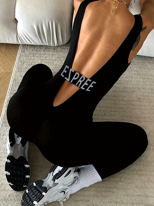 Women's High-Elasticity Backless Yoga Running Leggings - Solid Color Black Square Neck Workout Pants, Machine Washable Spring/Summer Fitness Apparel, Yoga Pants, Gym Apparel, Sleek Sporty Look, Highelasticity Fabric, Activewe - Topdecheztop.fr