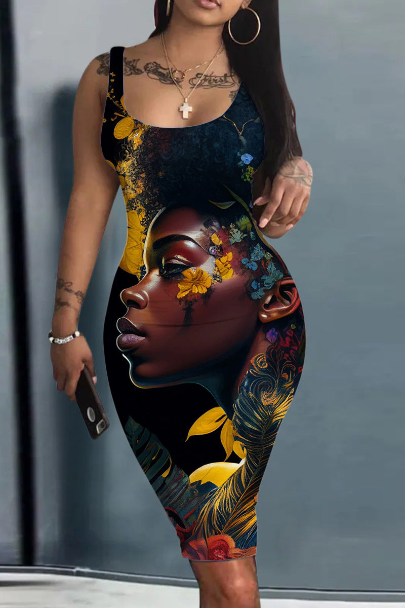 Robe ample à imprimé numérique pour femme, sans manches, col rond, coupe ajustée