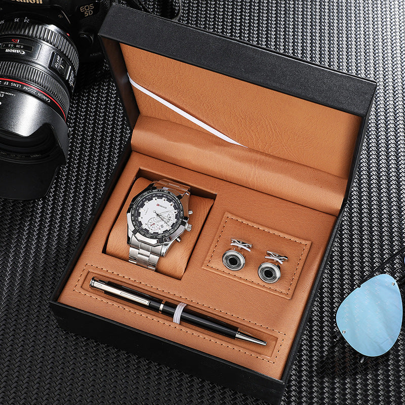 Montre à quartz avec calendrier et bracelet en acier, boutons de manchette en acier inoxydable, stylo