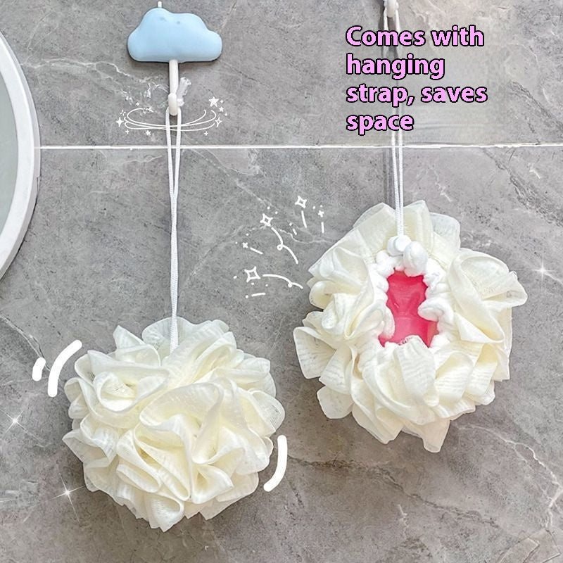 Lot de 4 éponges de bain 2 en 1 à motifs floraux beige clair, côté exfoliant doux et distributeur de savon intégré