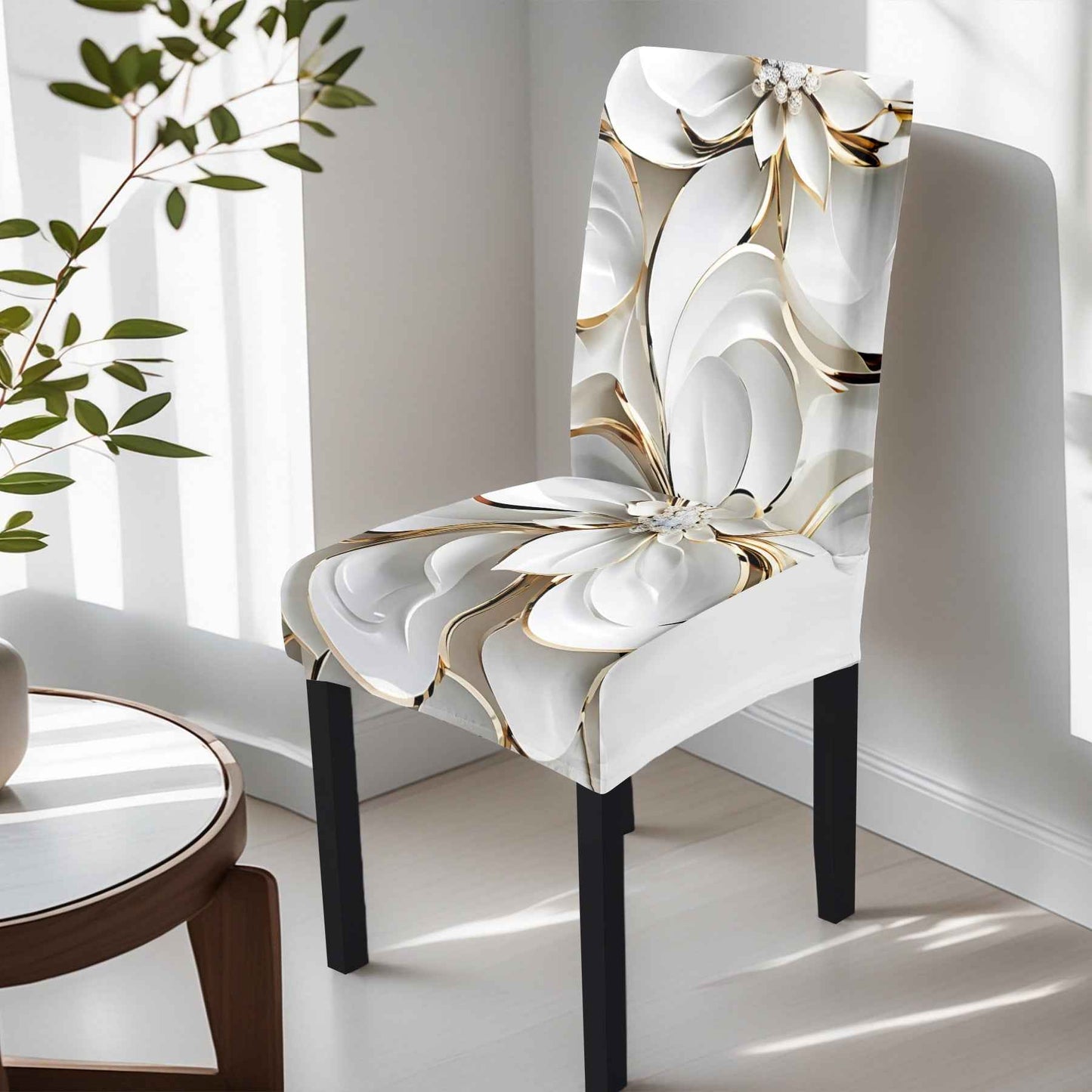 Open : Luxury Platinum Floral Gilded Line Tablecloth Chair Cover Printed 5/7pcs Set (1 Tablecloth + 4 Chair Covers / 1 Tablecloth + 6 Chair Covers) Simple And Noble Tablecloth Chair Cover, Exquisite Flower Pattern Stretch Cha