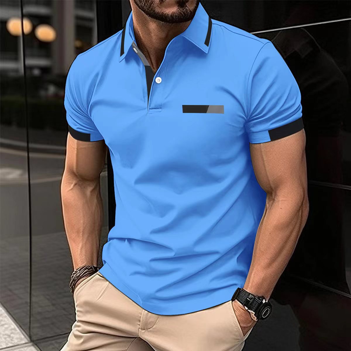 Polo décontracté pour homme, fausse poche poitrine, revers boutonné, style business