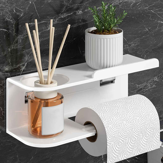 Wall-Mounted Tissue Holder with Bathroom Perfume Organizer - Stylish Black Multi-Functional Kitchen and Bath Storage, Space-Saving Design, Self-Adhesive Installation