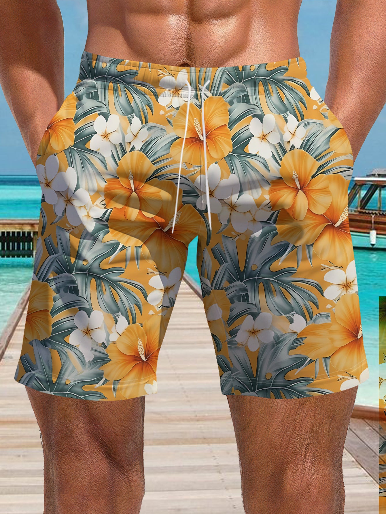 Short de bain homme à séchage rapide, imprimé feuilles de palmier tropicales