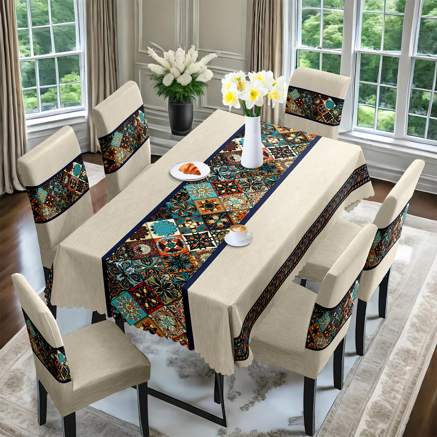 7 pièces Superbe ensemble de nappe rectangulaire + housse de chaise