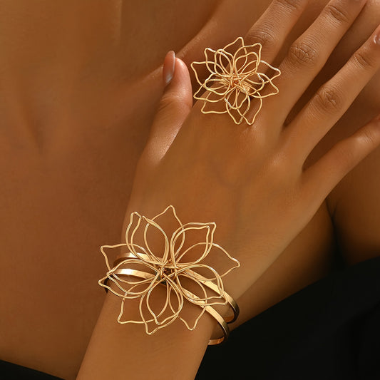 Ensemble 2 Bijoux Fleur Vintage Ajoures Femme - Dore ou Argente, Style Elegant, Toutes Occasions
