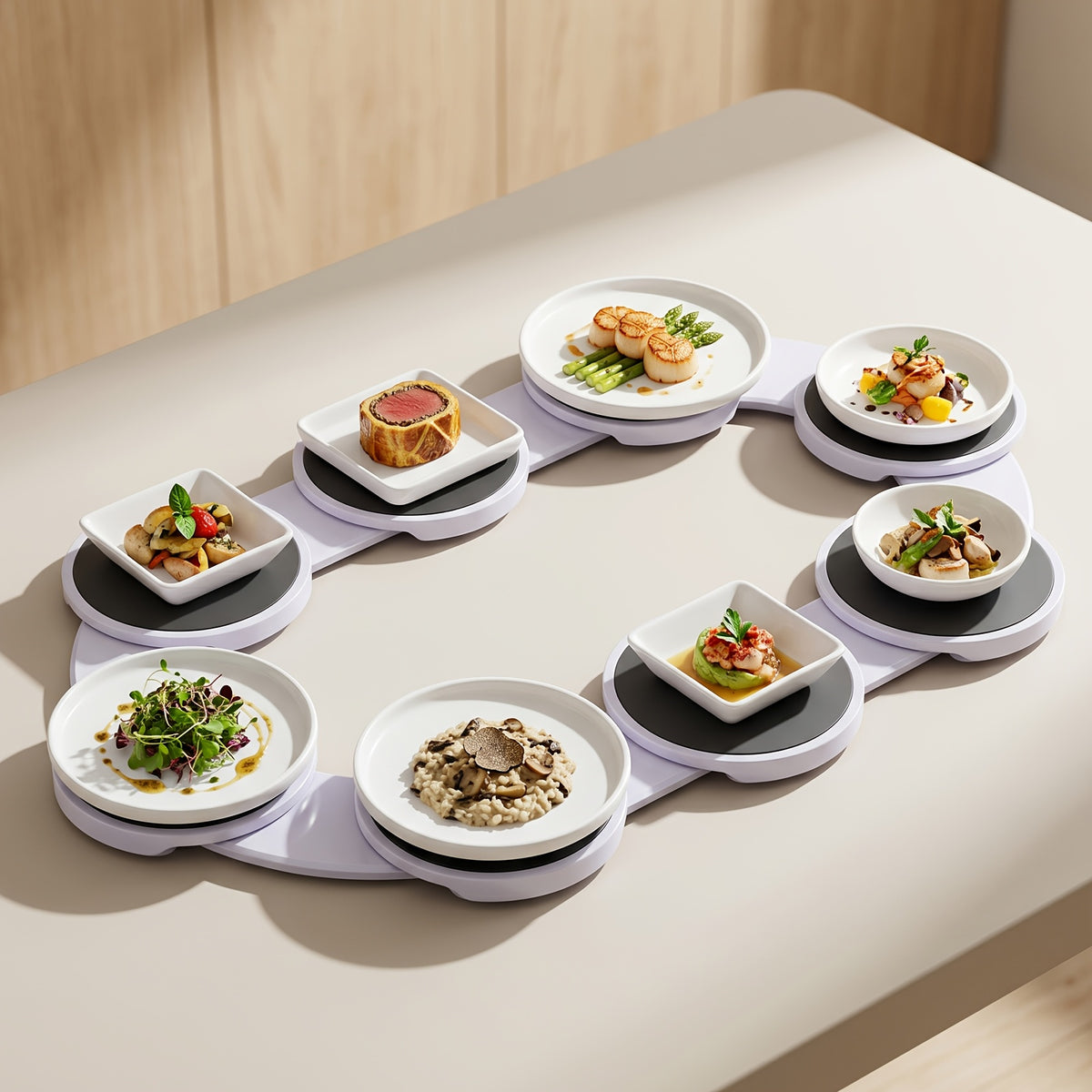 Plateau tournant rotatif extensible, plateau de service déformable à 8 compartiments et extension à une traction qui convient aux tables rondes, ovales et rectangulaires, grande capacité pour plusieurs tables, installation rapide et rangement facile, pour les banquets et fêtes de famille