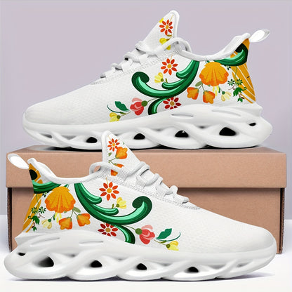 Chaussures de course à lacets à détails floraux pour femmes BLANC