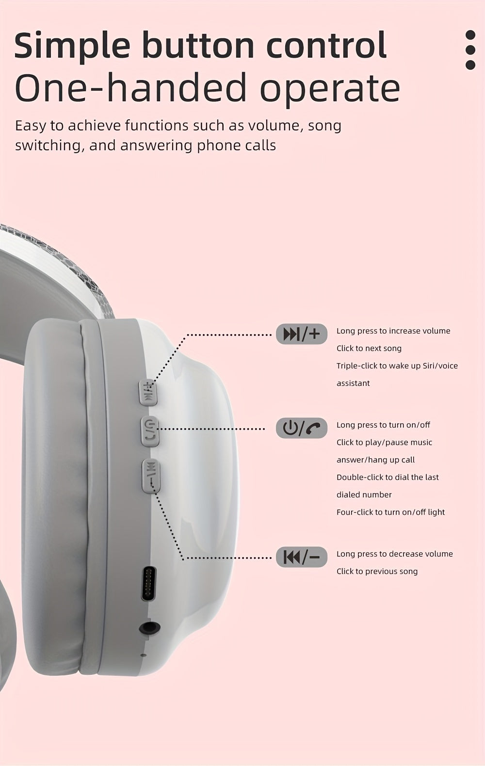 Casque sans fil léger 5.3 + EDR, casque circum-aural sans fil avec micro et lumières