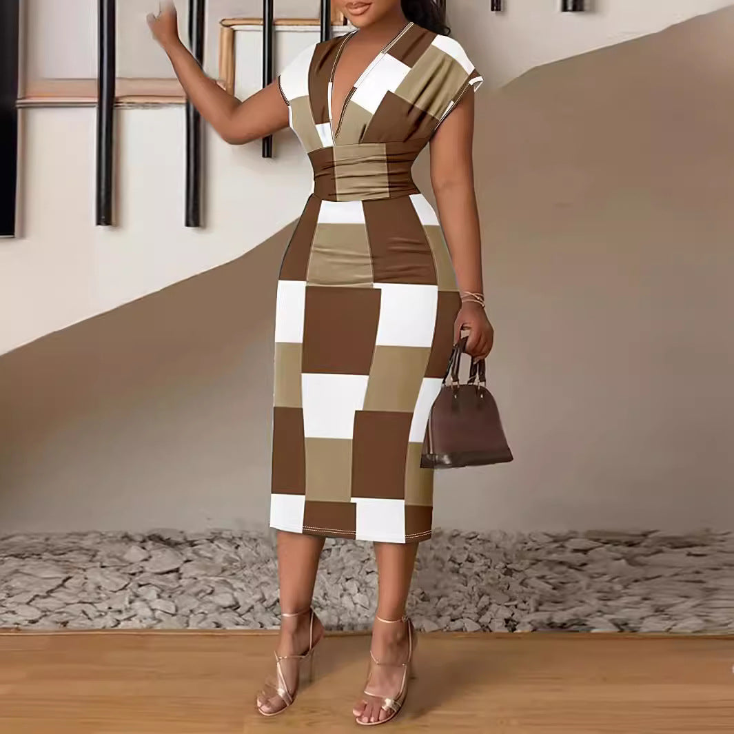 Robe imprimée simple à col V et hanches