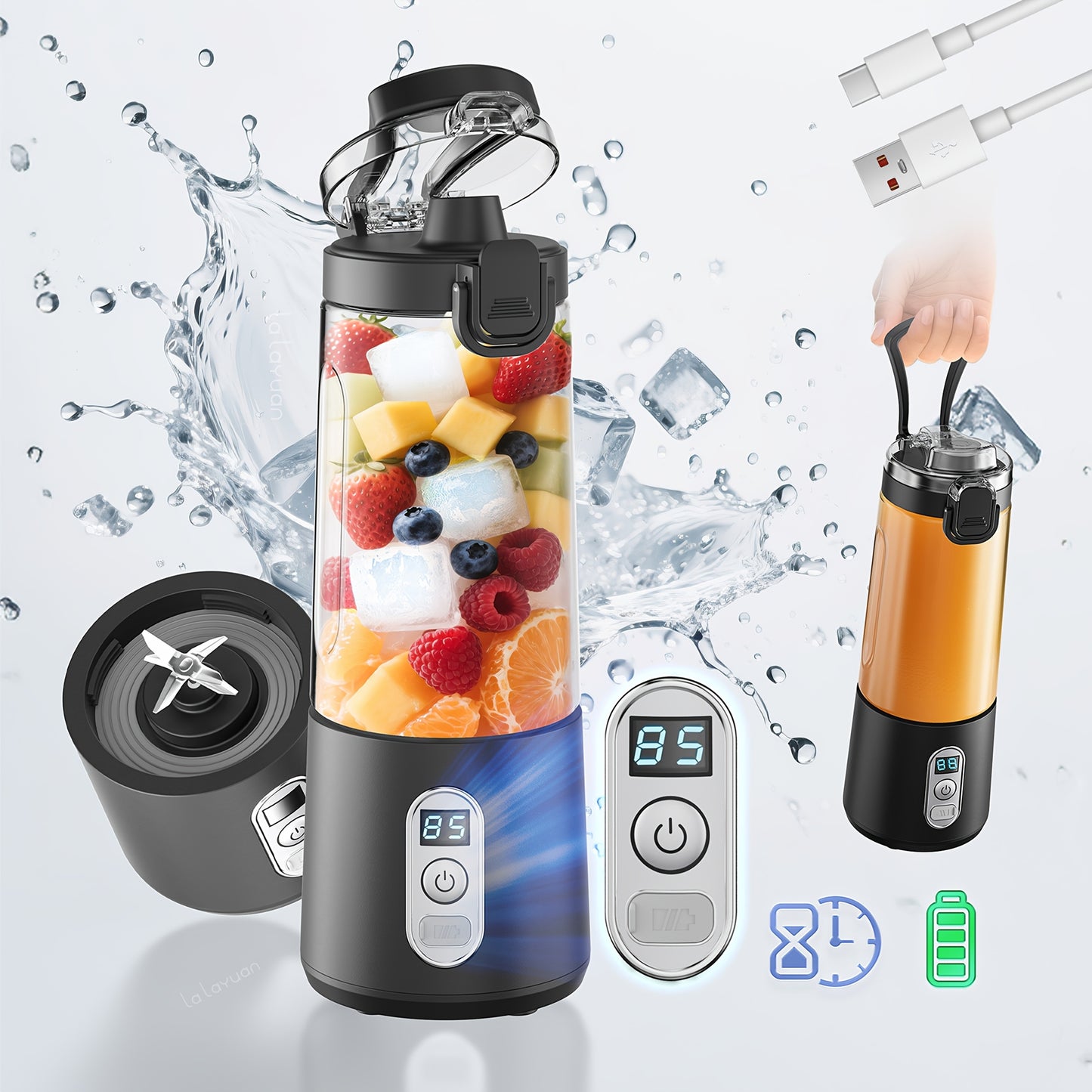 LALAYUAN USB-Powered Portable Blender & Juicer with Digital Timer, High-Speed Ice Crushing, One-Tap Lid, 1300mAh Battery, 6-Blade Stainless Steel, USB-C Charging, Compact Blender for Smoothies, Protein Shakes, Gym, Travel, Of - Topdecheztop.fr