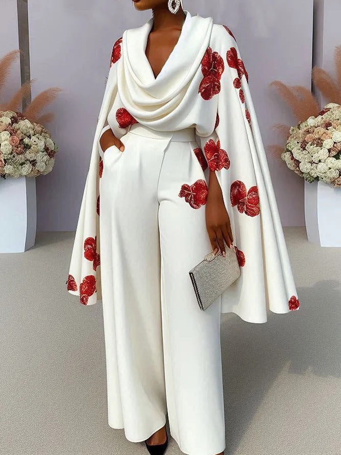 Ensemble deux pièces pantalon et col roulé imprimé à manches longues