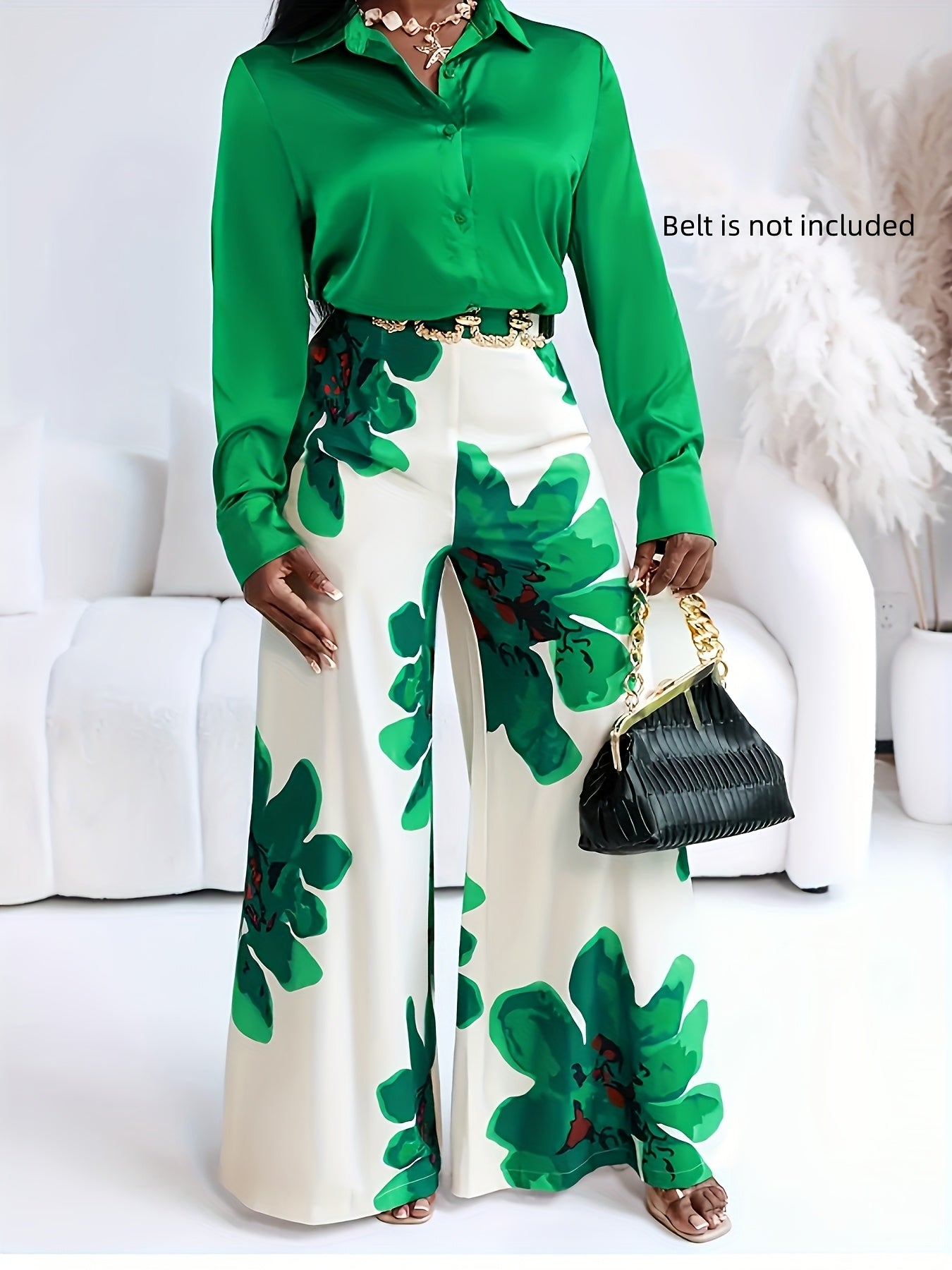 Ensemble deux pièces : chemise à manches longues et pantalon large à imprimé floral décontracté, ceinture non incluse