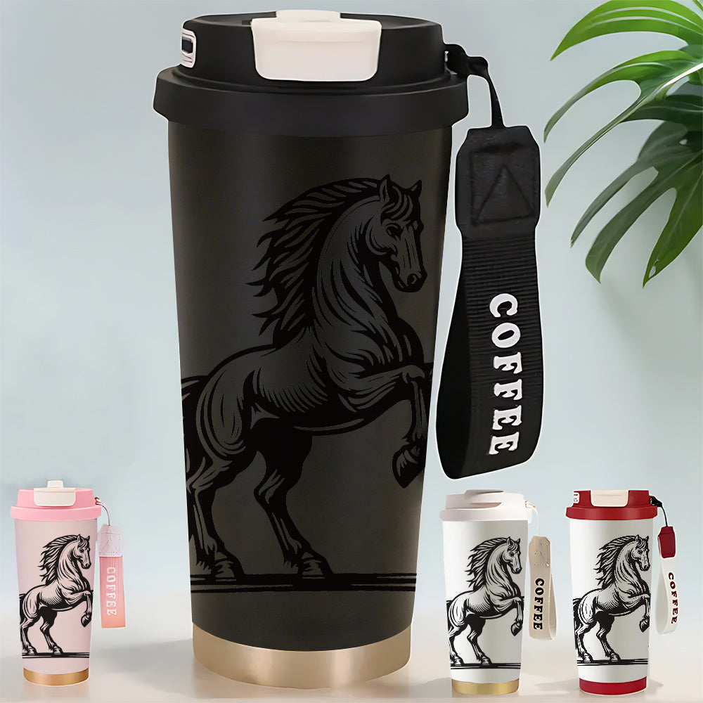 Mug élégant à motif cheval au galop (1 pièce) - Tasse à café isotherme à double paroi en acier inoxydable 316 de 500 ml avec couvercle étanche