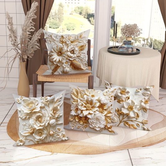Lot de 4 housses de coussin décoratives en velours à motif floral 3D - Topdecheztop.fr
