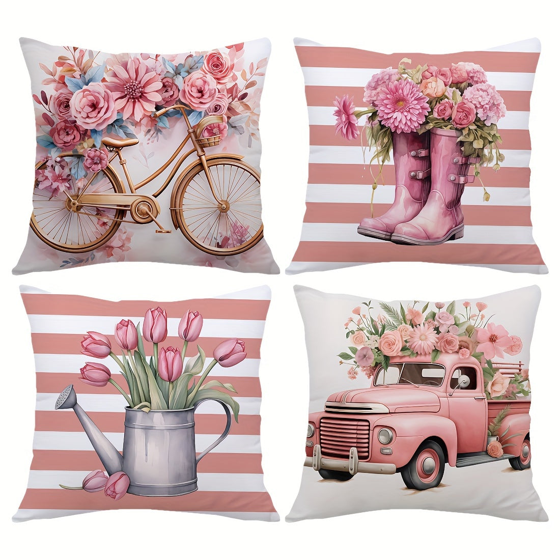 Lot de 4 taies d'oreiller en velours peau de pêche, motif aquarelle rose - Topdecheztop.fr