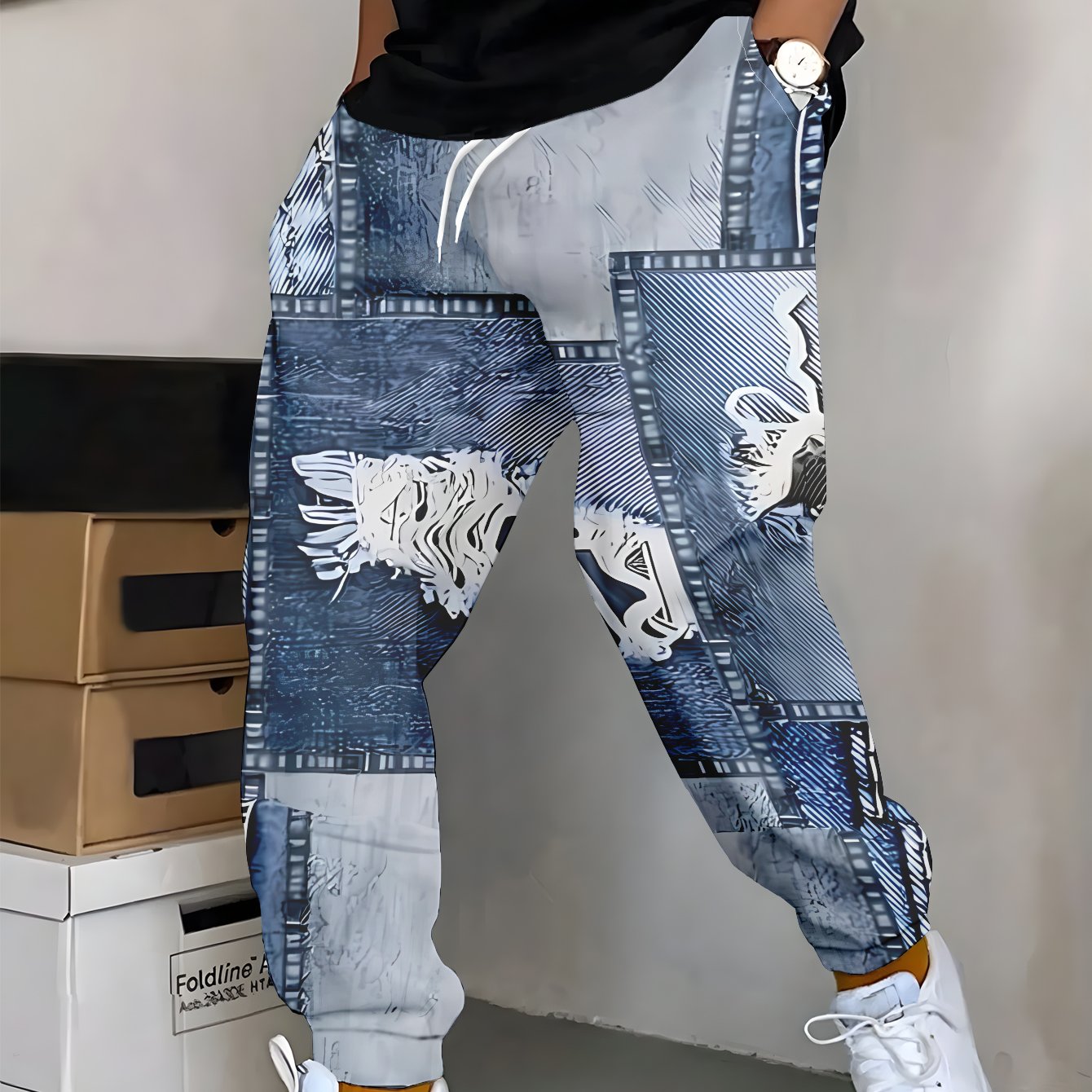 Pantalon de jogging homme en denim patchwork délavé avec ourlet effiloché et poches déchirées - Polyester stretch